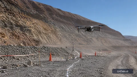 Faena minera con un dron sobrevolando un camino de ripio, conos de seguridad y un talud rocoso mientras se evalúan condiciones de retorno.