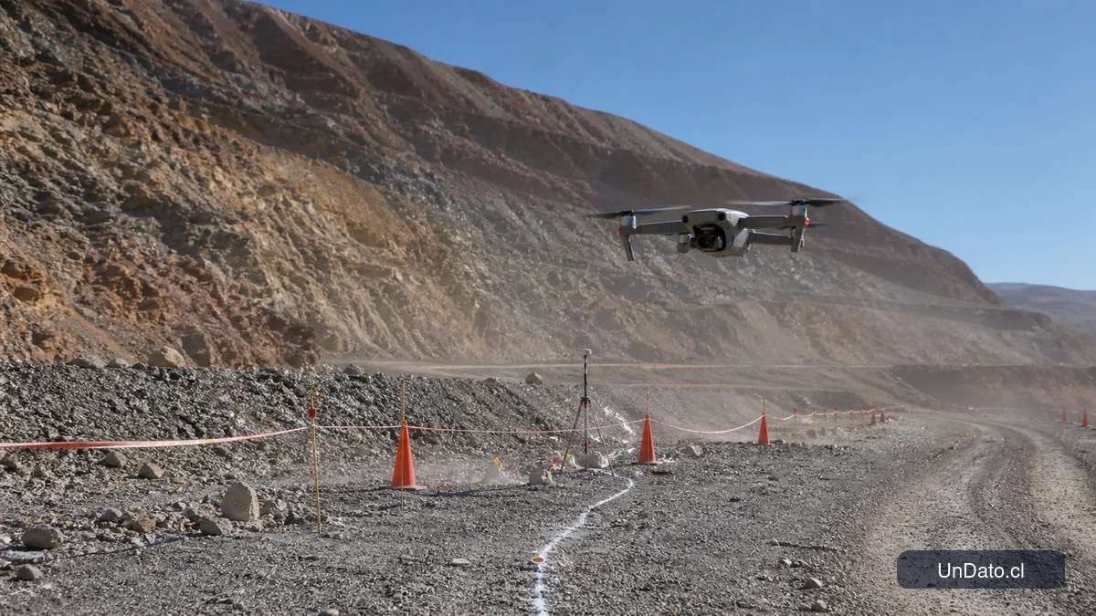 Faena minera con un dron sobrevolando un camino de ripio, conos de seguridad y un talud rocoso mientras se evalúan condiciones de retorno.