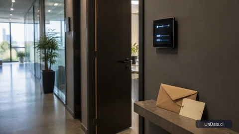 Pasillo de oficina con una nota de seguimiento, una puerta entreabierta y un panel de estado del proceso de selección.