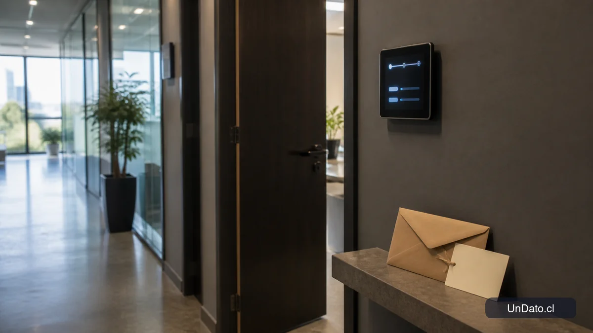 Pasillo de oficina con una nota de seguimiento, una puerta entreabierta y un panel de estado del proceso de selección.