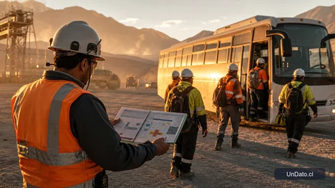 Cuadrilla minera subiendo a un bus de traslado al amanecer en el norte de Chile, mientras un supervisor revisa un calendario de turnos.