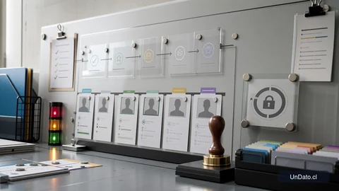 Panel de etapas de selección con tarjetas de candidatos, un sello de aprobación y una tarjeta de privacidad.