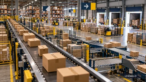 Cinta transportadora con paquetes y señalética de rutas en un centro de distribución durante la temporada de compras.