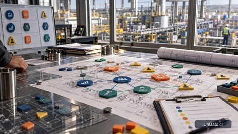 Diagrama de habilidades que conecta tareas de una planta industrial con capacidades de análisis, mantenimiento y coordinación.