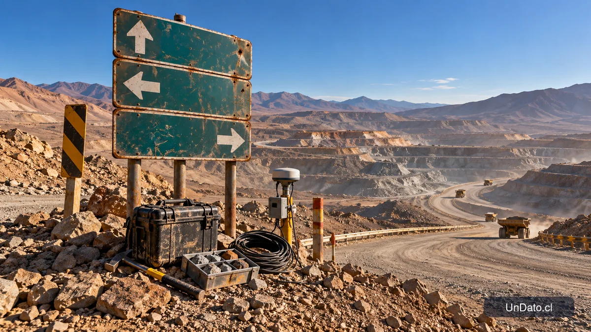 Señalética esquemática que conecta localidades mineras con distintas especialidades laborales en el norte de Chile.