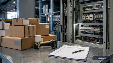 Mesa industrial con repuestos etiquetados, lector de códigos, tablero eléctrico y planilla de control de inventario.
