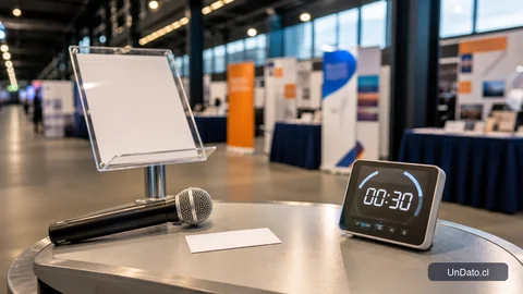 Un pasillo de feria laboral con un atril, un micrófono de mano, una tarjeta de presentación y un cronómetro digital.