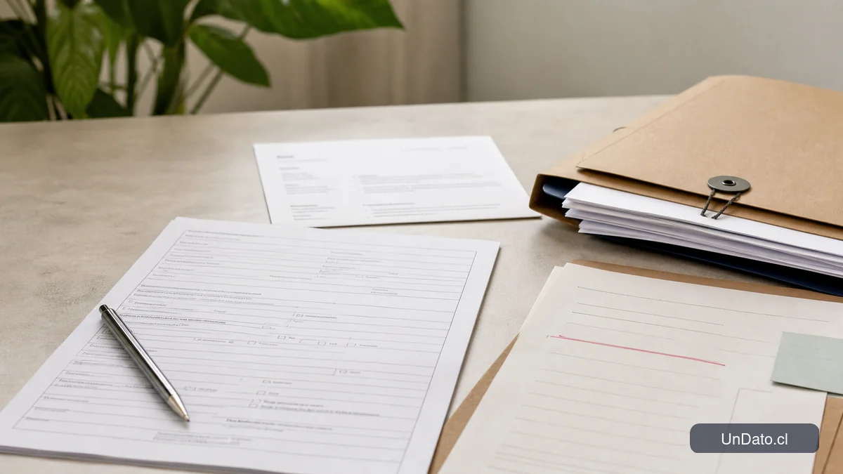 Formulario de postulación, documentos ordenados y una hoja con la fecha de la oferta resaltada.
