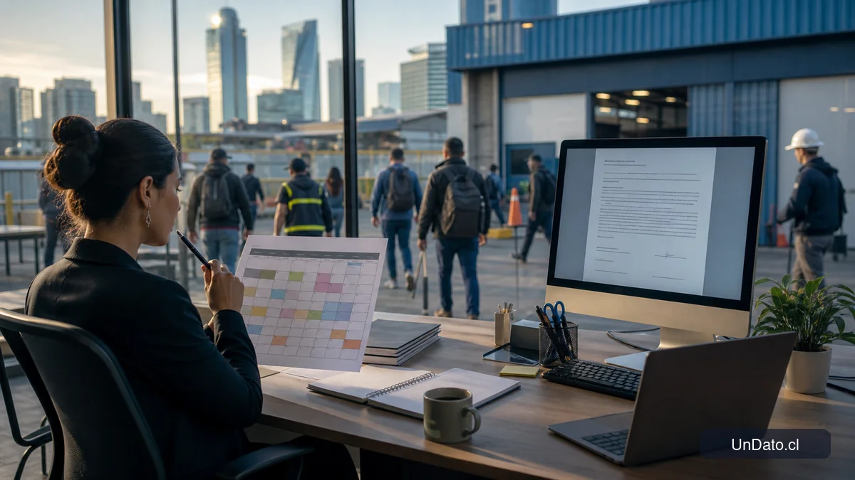 Una asesora laboral revisa un calendario de turnos y un contrato de trabajo en una oficina de Santiago, con trabajadores al fondo entrando y saliendo.
