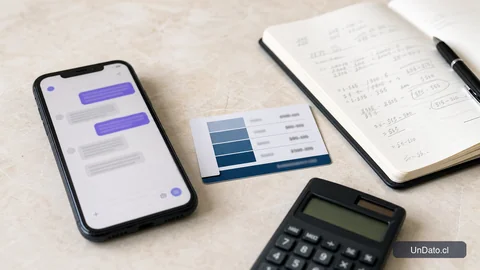 Un teléfono con un chat de reclutamiento abierto junto a una tarjeta de rangos salariales, una calculadora y una libreta con números subrayados.