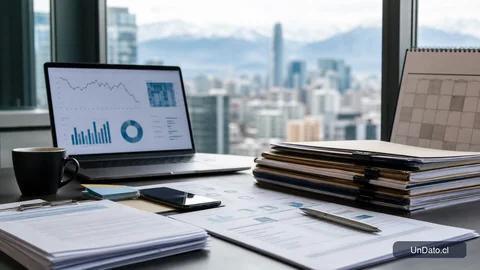 Escritorio con documentos de empleo y gráficos económicos que representan el alza del desempleo y la competencia por vacantes en Chile.
