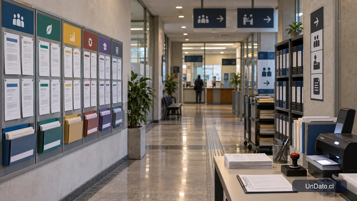 Panel de convocatorias laborales en un edificio institucional con categorías de cargos y documentos de postulación