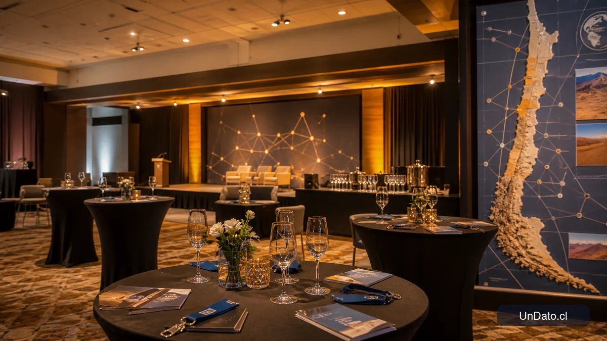 Salón de hotel para un encuentro minero, con credenciales, un mapa del norte de Chile y señalética de networking.