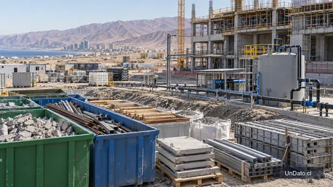 Área de construcción en Antofagasta con materiales separados para recuperación y tuberías destinadas al uso eficiente del agua.