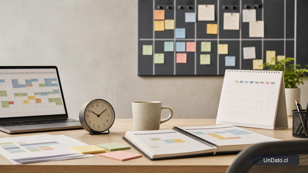 Calendario laboral, reloj y planilla de turnos sobre un escritorio de recursos humanos.