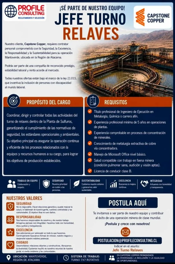 Jefe de Turno Relaves Mantoverde - imagen 1