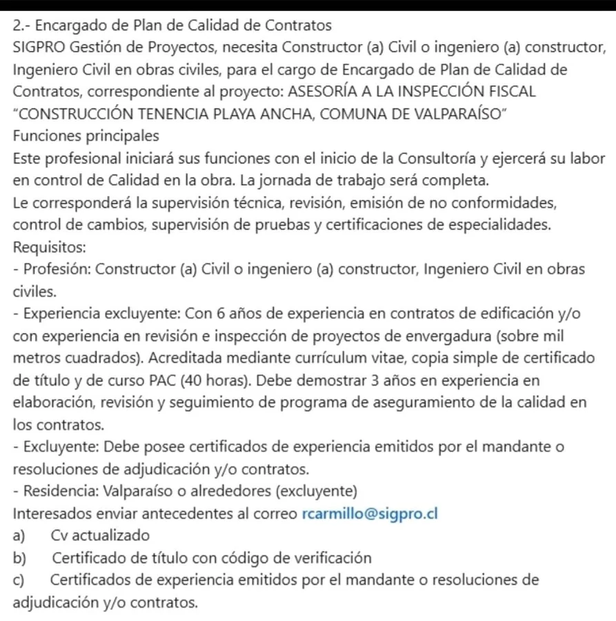 Encargado de Plan de Calidad de Contratos - imagen 1