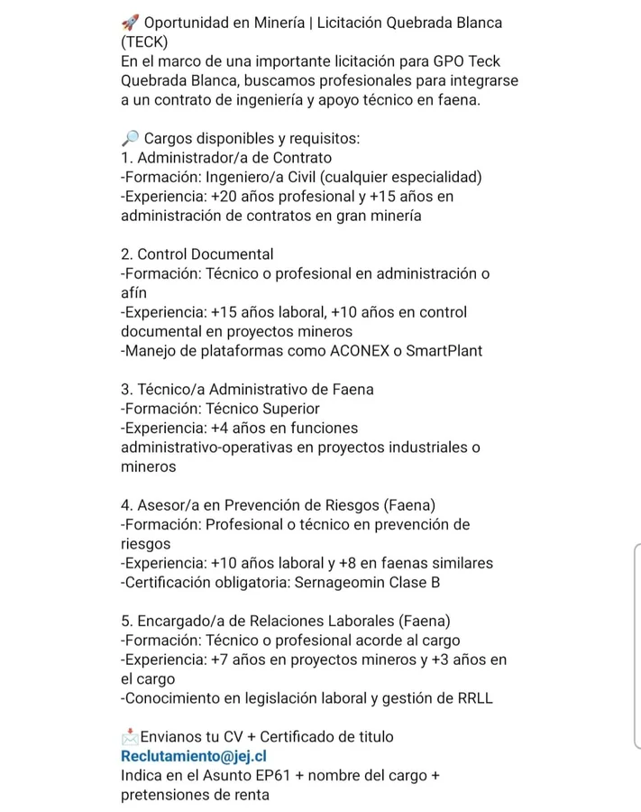 Oportunidad Minería Quebrada Blanca TECK - imagen 1