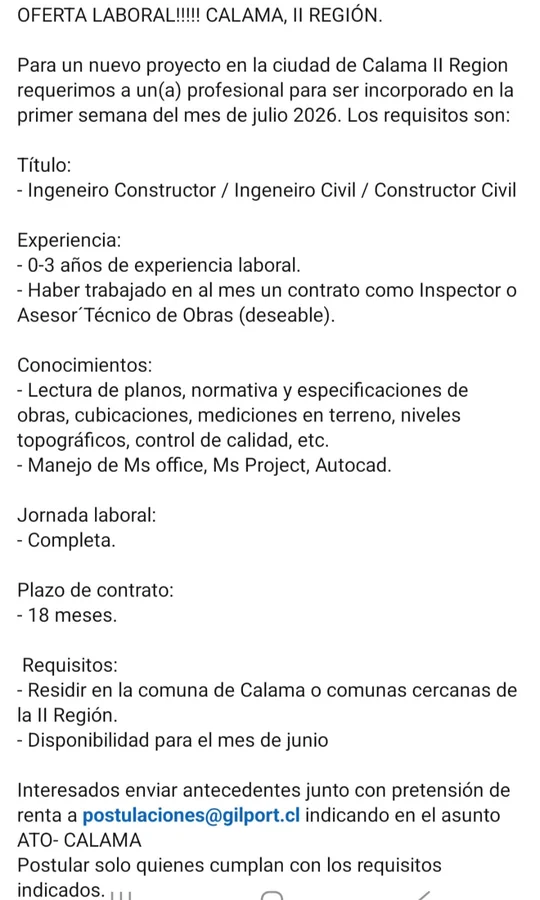 Ingeniero Civil para obra en Calama - imagen 1
