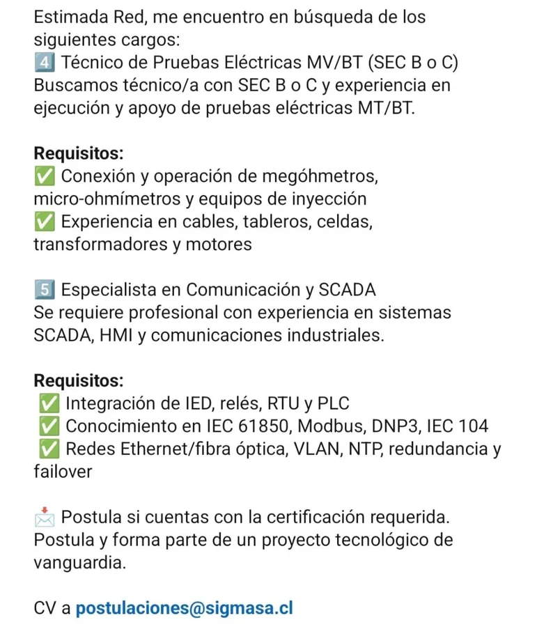 Técnico Pruebas Eléctricas y Especialista SCADA - imagen 1