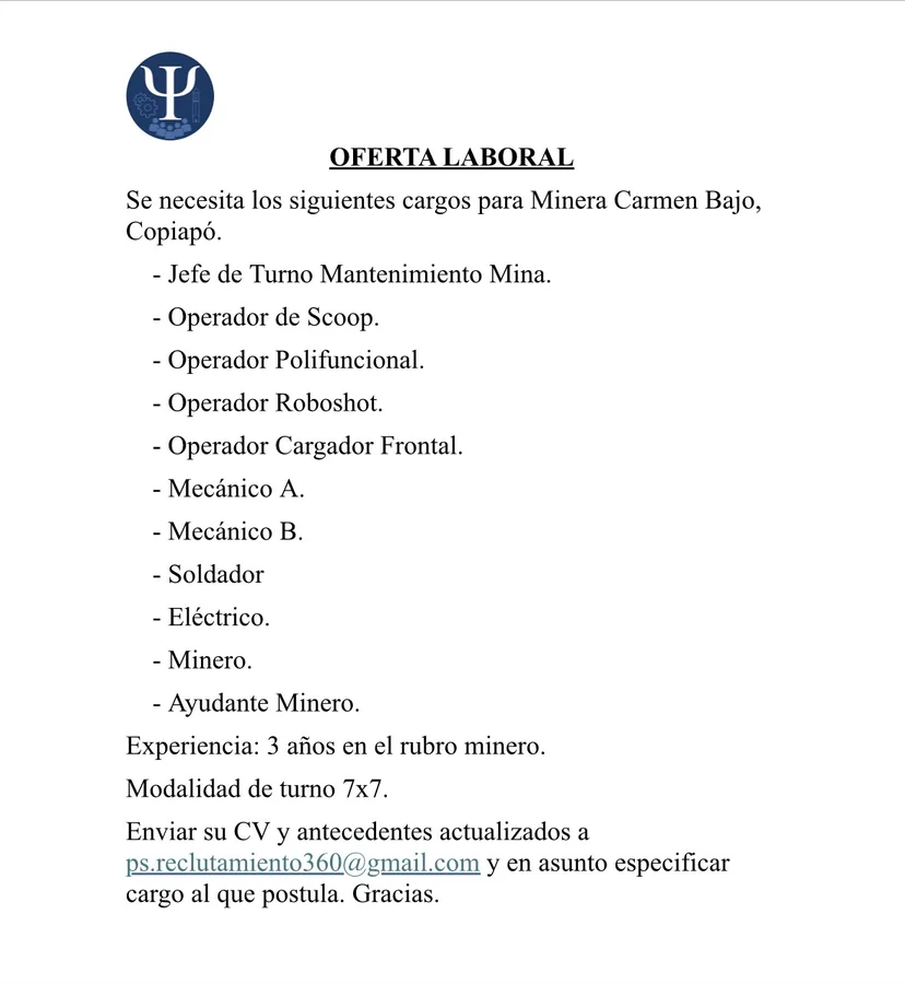 Cargos Operacionales y Técnicos para Minera Carmen Bajo - imagen 1