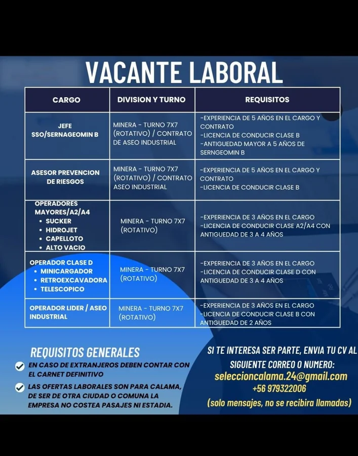 Jefe SSO, Prevencionistas y Operadores para Minera - imagen 1
