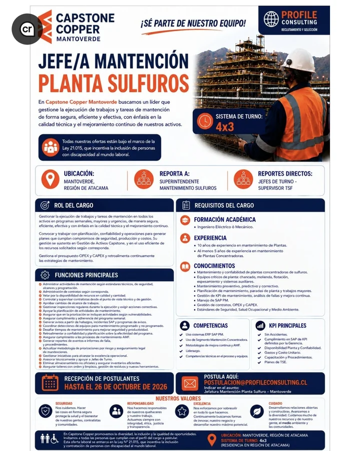 Jefe/a de Mantención Planta Sulfuros - imagen 1