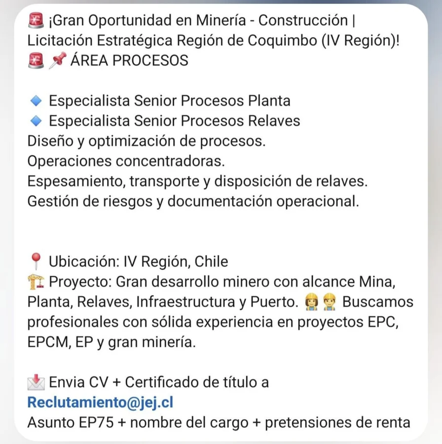 Especialistas Senior Procesos Planta y Relaves - imagen 1