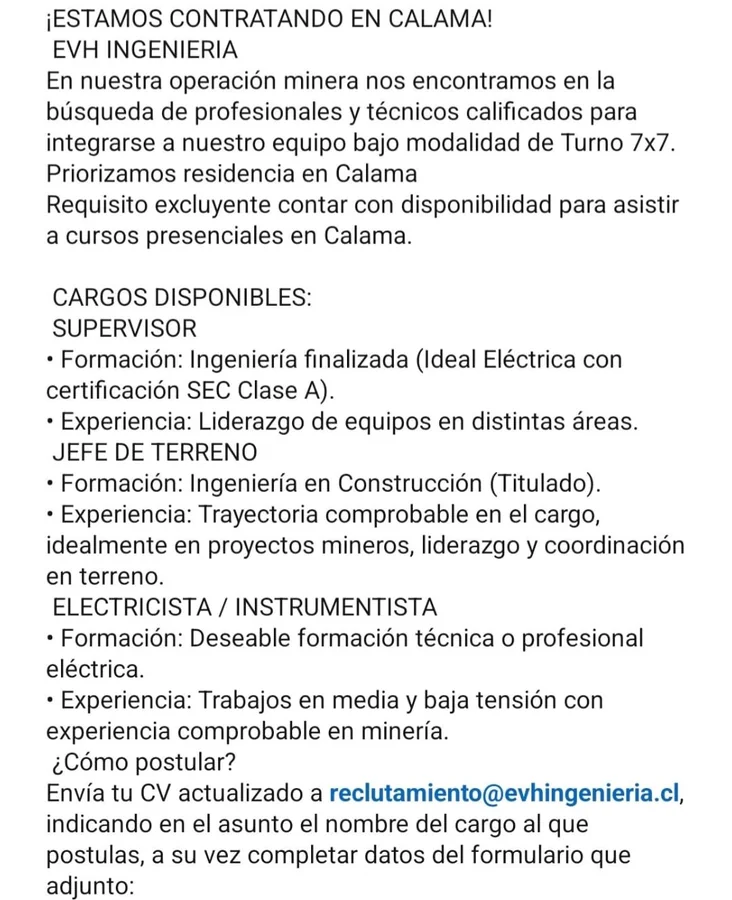 Vacantes en Calama Minería: Supervisor y Electricista - imagen 1
