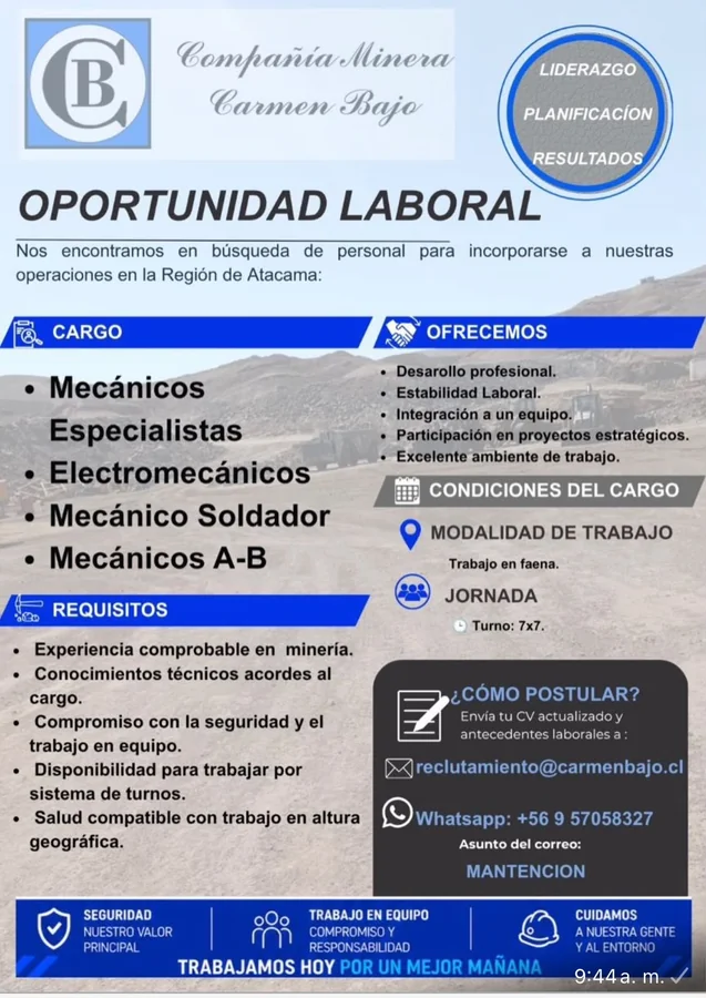 Mecánicos y electromecánicos para faena minera - imagen 1