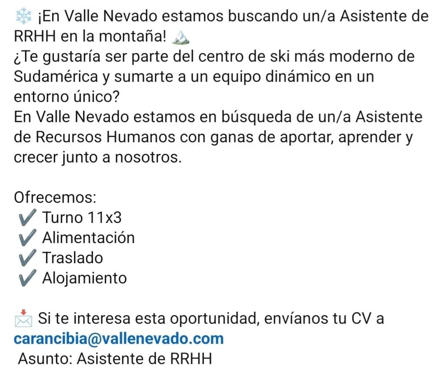 Asistente de RRHH en Valle Nevado - imagen 1