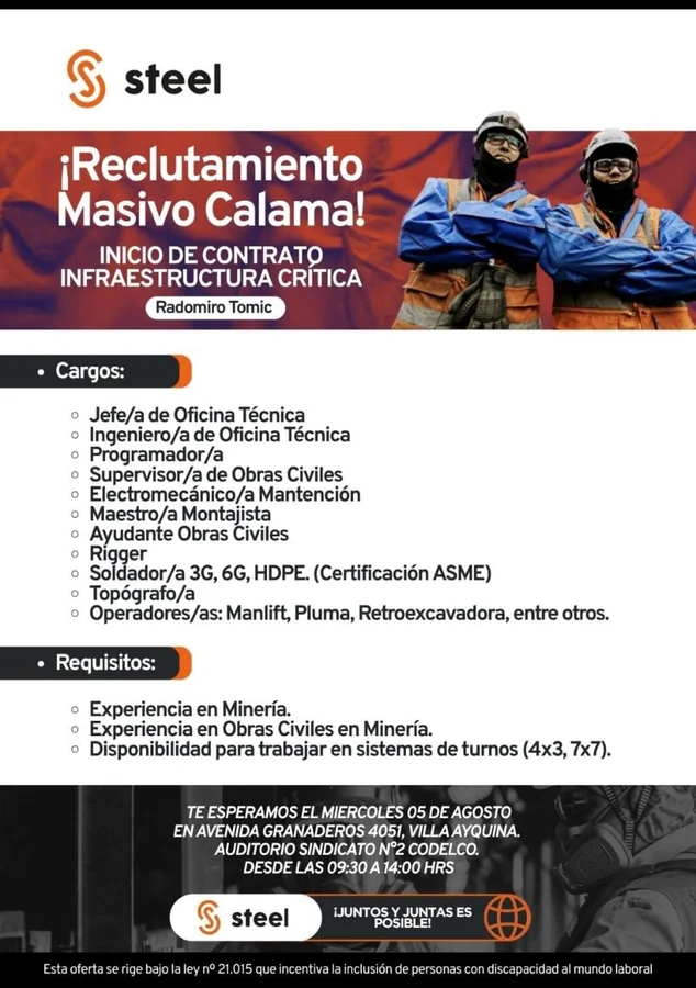 Reclutamiento Masivo para Faena en Calama - imagen 1