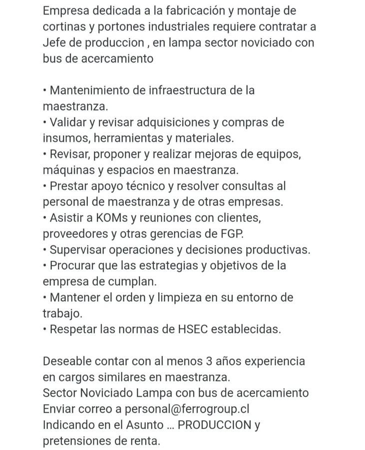 Jefe de Producción - Maestranza - imagen 1