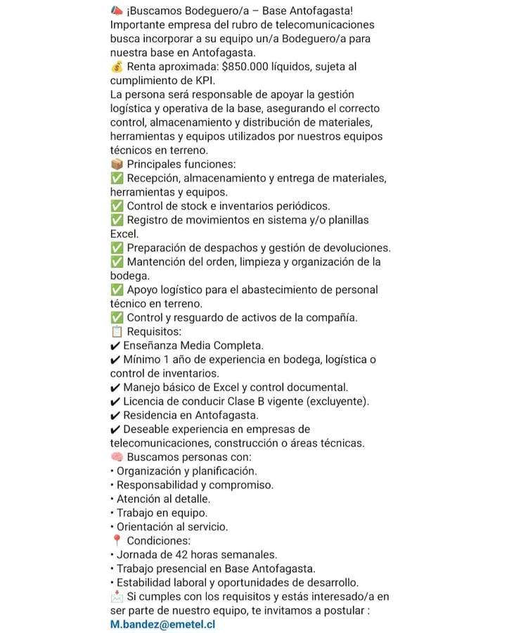 Bodeguero/a - Base Antofagasta - imagen 1