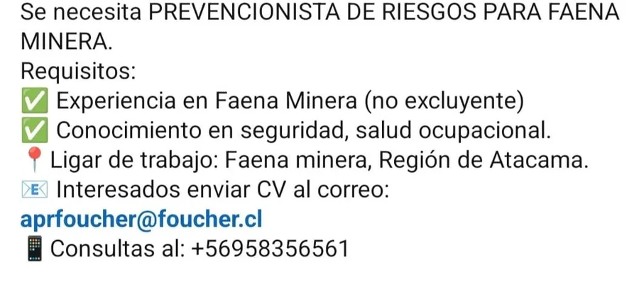 Prevencionista de Riesgos para Faena Minera - imagen 1