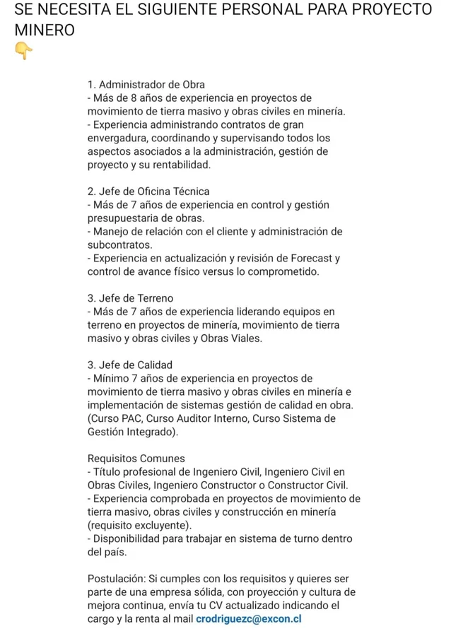 Profesionales para Proyecto Minero - imagen 1