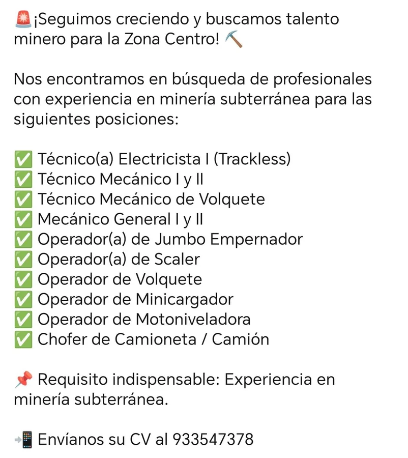 Personal para Minería Subterránea - Zona Centro - imagen 1