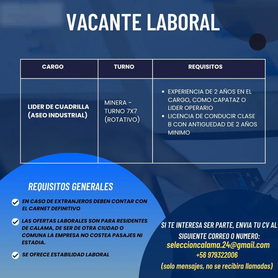 Líder de Cuadrilla Aseo Industrial Minera - imagen 1