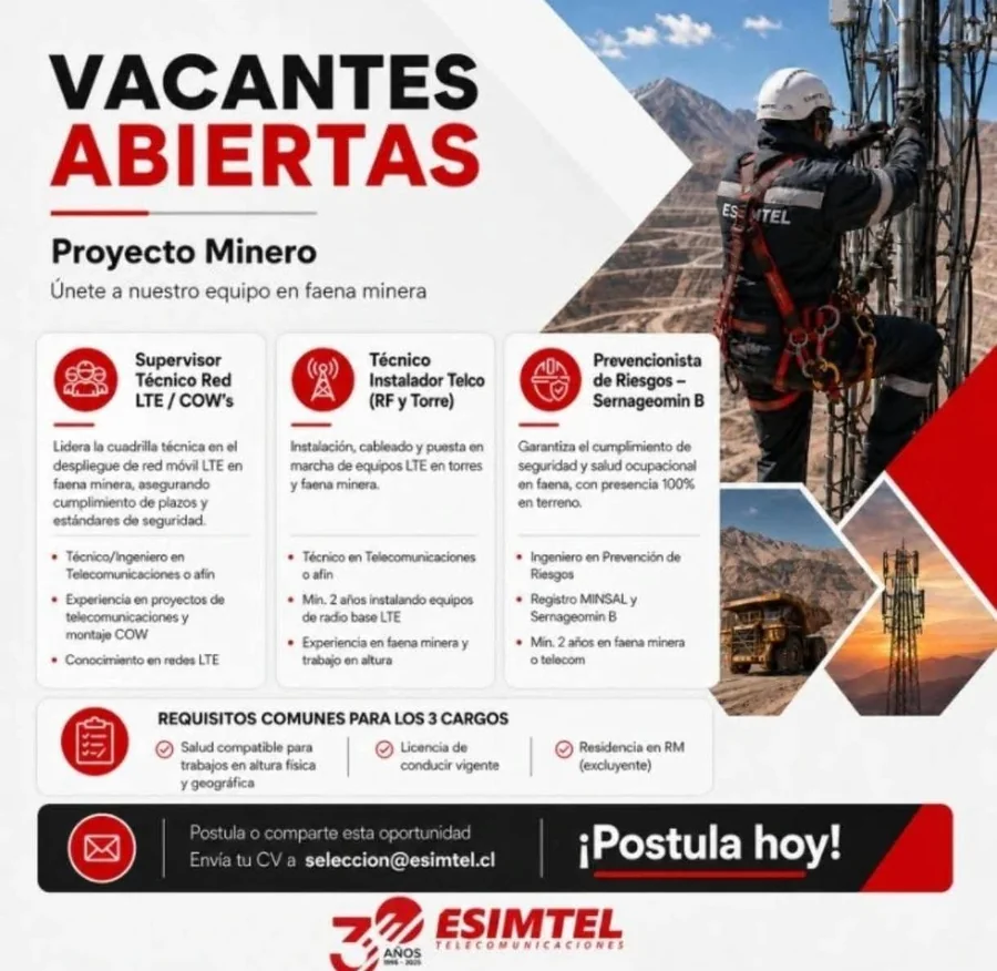 Vacantes para Proyecto de Telecomunicaciones en Minería - imagen 1