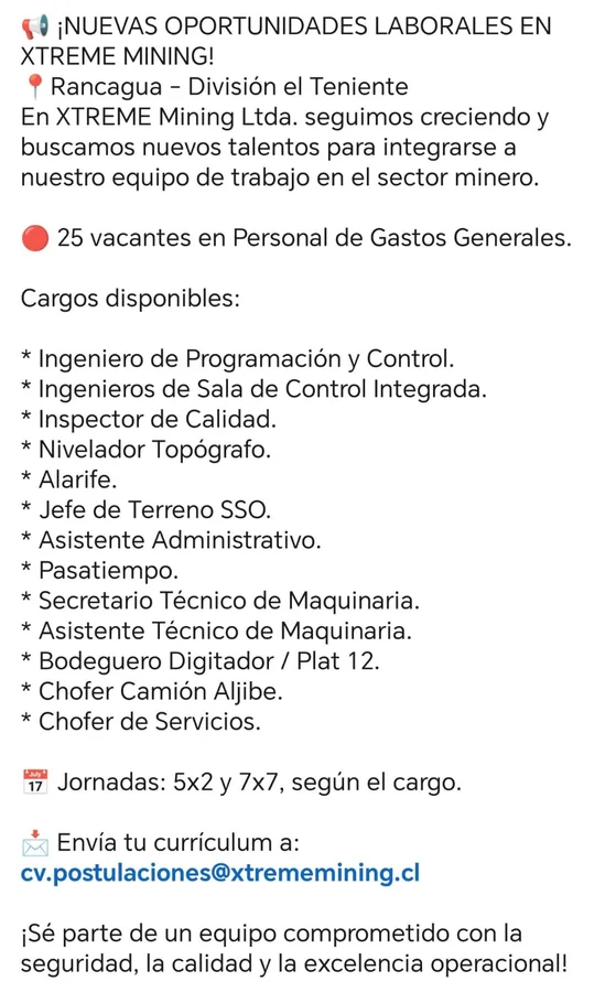 Oportunidades laborales en minería en Rancagua - imagen 1