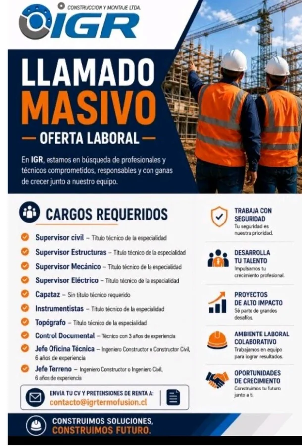 Llamado masivo para cargos de construcción y supervisión - imagen 1