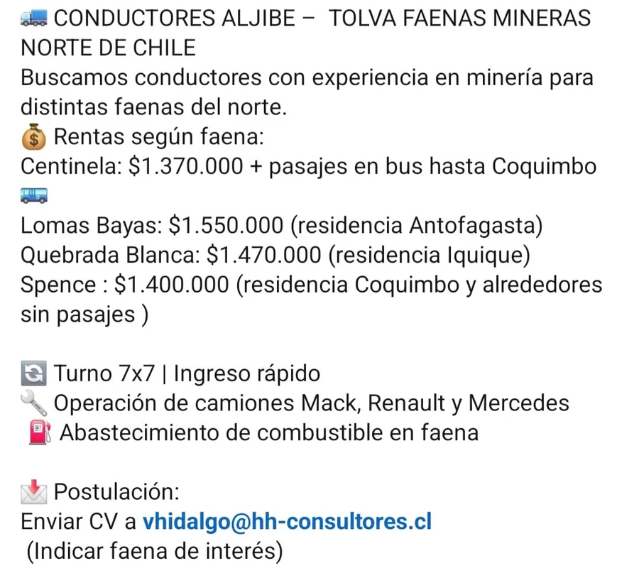 Conductores Aljibe y Tolva para Faenas Mineras - imagen 1