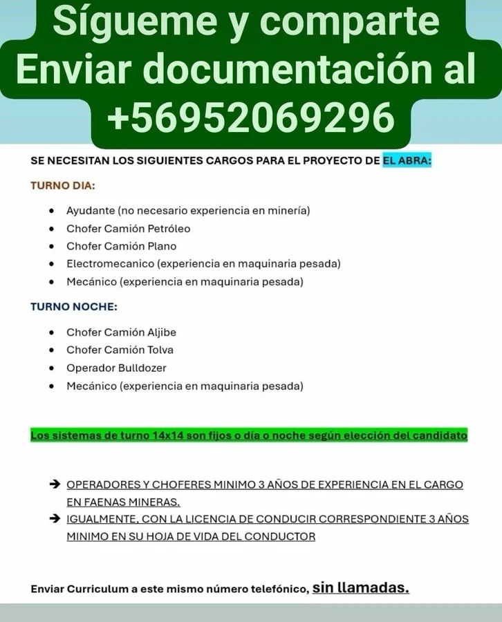 Operadores, choferes y mecánicos para El Abra - imagen 1