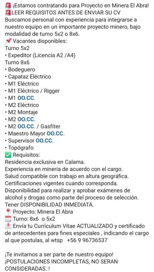 Personal para Proyecto en Minera El Abra - imagen 1