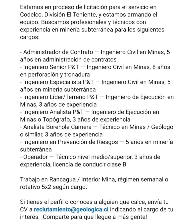 Profesionales y Técnicos en Minería Subterránea - imagen 1