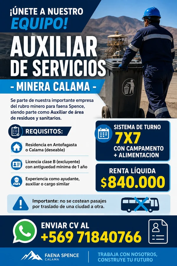 Auxiliar de Servicios - Faena Spence - imagen 1
