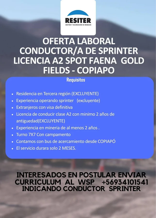 Conductor Sprinter para Faena Gold Fields Copiapó - imagen 1