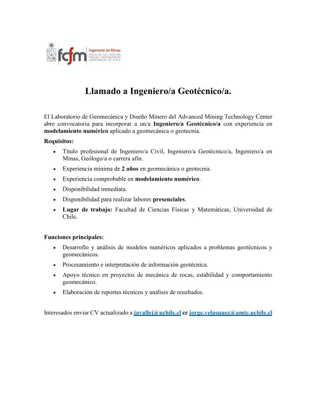 Ingeniero Geotécnico para AMTEC, U. Chile - imagen 1