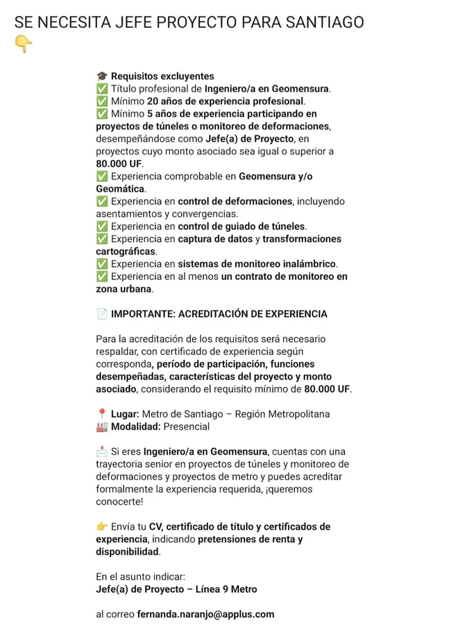 Jefe de Proyecto - Línea 9 Metro - imagen 1