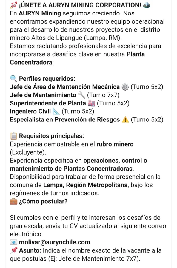 Cargos para Planta Concentradora Minera - imagen 1